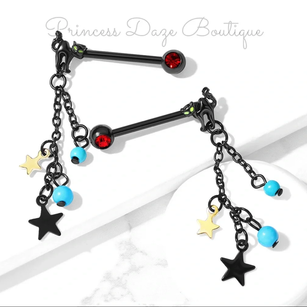 Black Cat Star Dangle Nipple Ring‎ Set